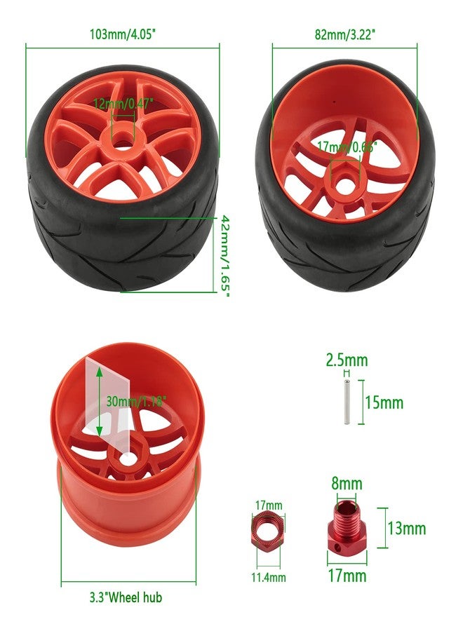Rchobbytop 4pcs 1/8 Buggy Wheels and Tires Street Tyre with 17mm Drive Hub Hex Adapters Lock Nuts Replacement Parts for On Road Racing Kyosho Tamiya Traxxas HPI HSP, Red - Image 3